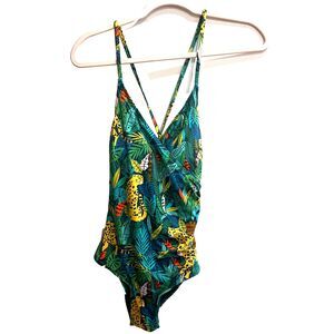 Palms Away By Red Dress Women Green One Piece Swimsuit XS Island Oasis Print NWT